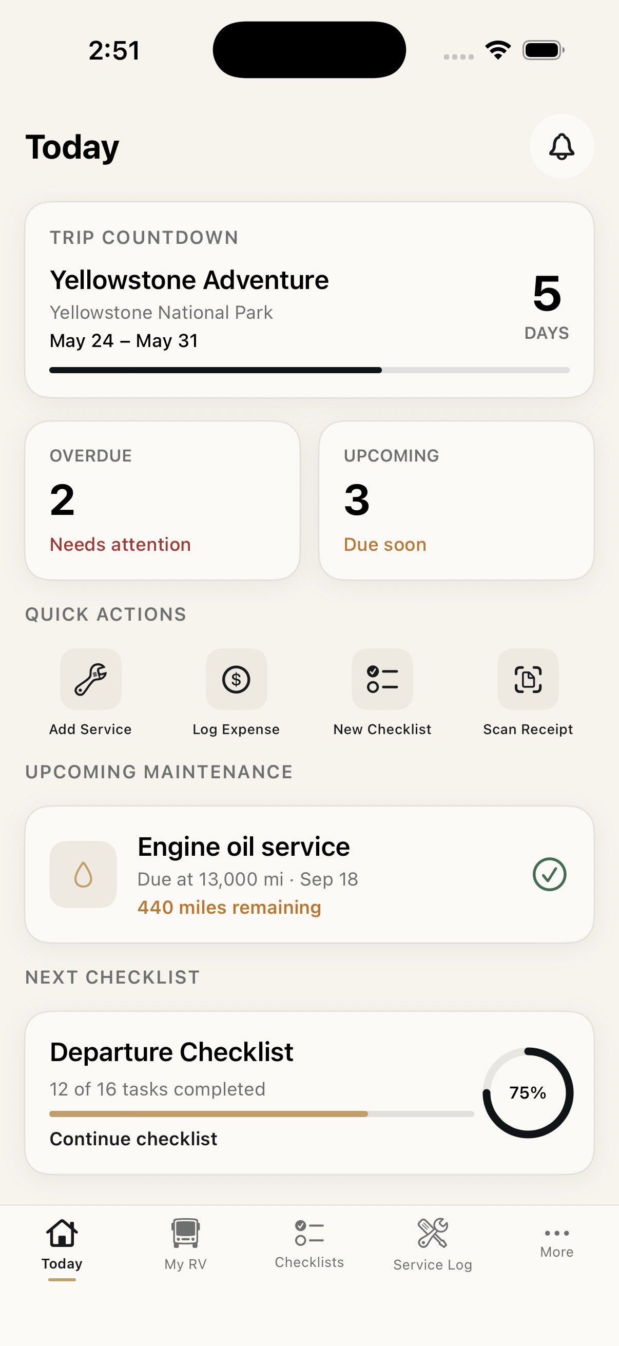 RoadKeep Today dashboard showing a trip, checklist progress, and maintenance reminders